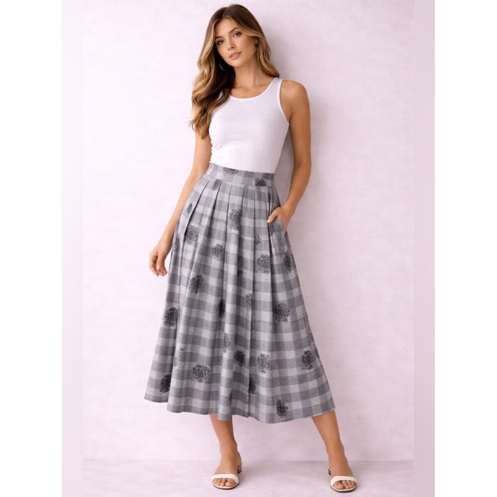 Gray Plaid Pleated Midi Skirt Rose Print High Waist Elegant